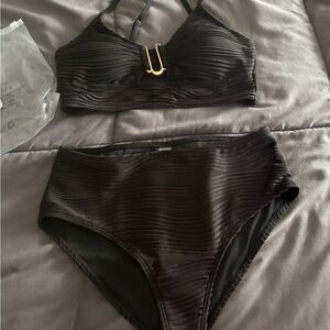 Women’s Black High-Waist Bikini Set with Gold Accent